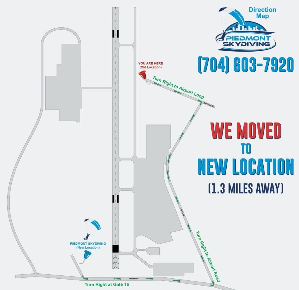 Directions to the new Piedmont Skydiving Dropzone Location at 500 Airport Rd, Salisbury, NC 28147.